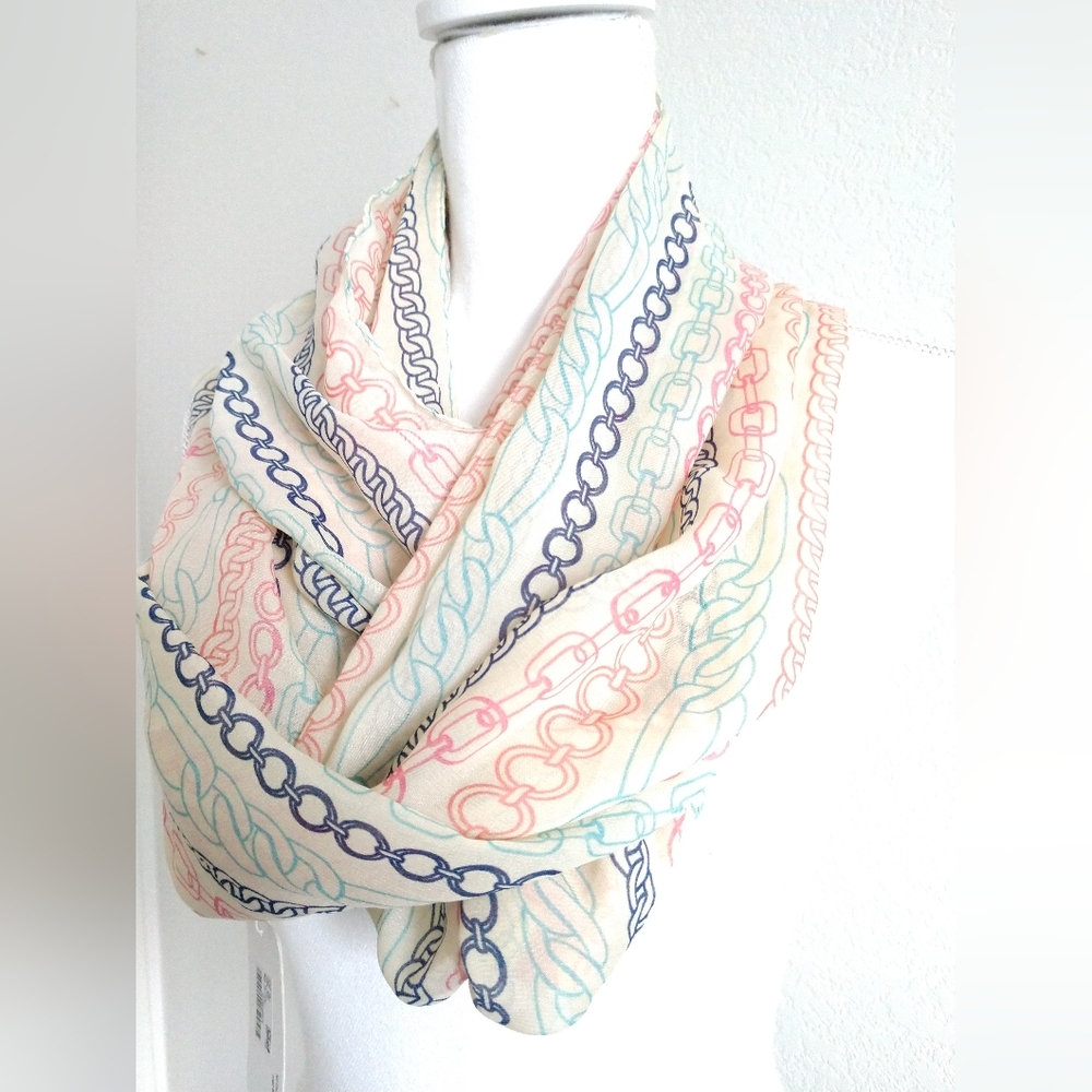 NEW Charming Charlie Infinity Scarf Beige with Multicolor Chain Print Sheer